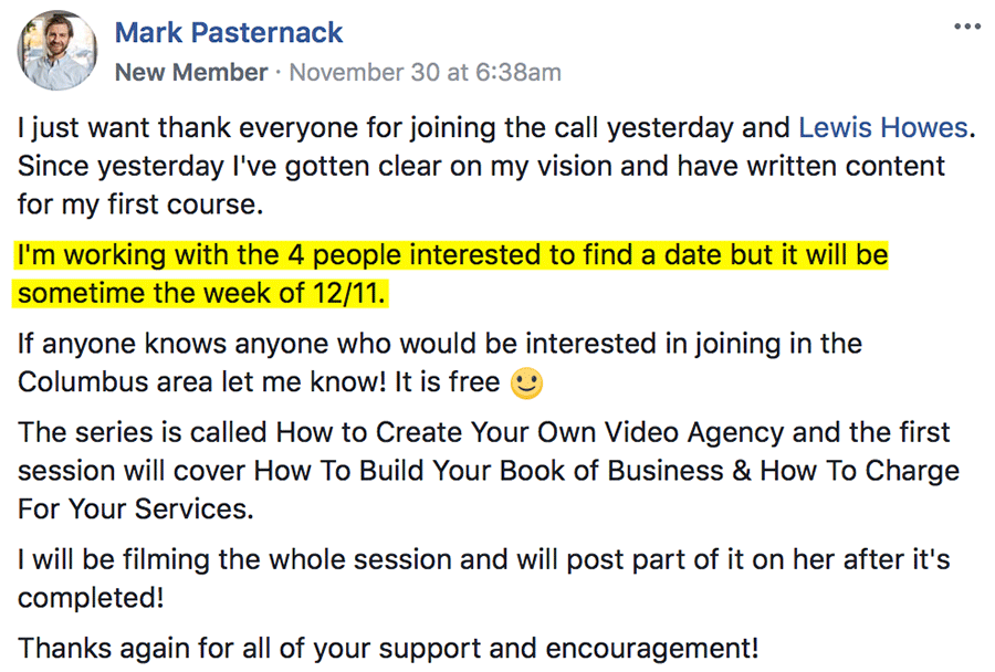 Mark's testimonial: Since yesterday [with Lewis] I've gotten clear on my vision and have written content on my first course.